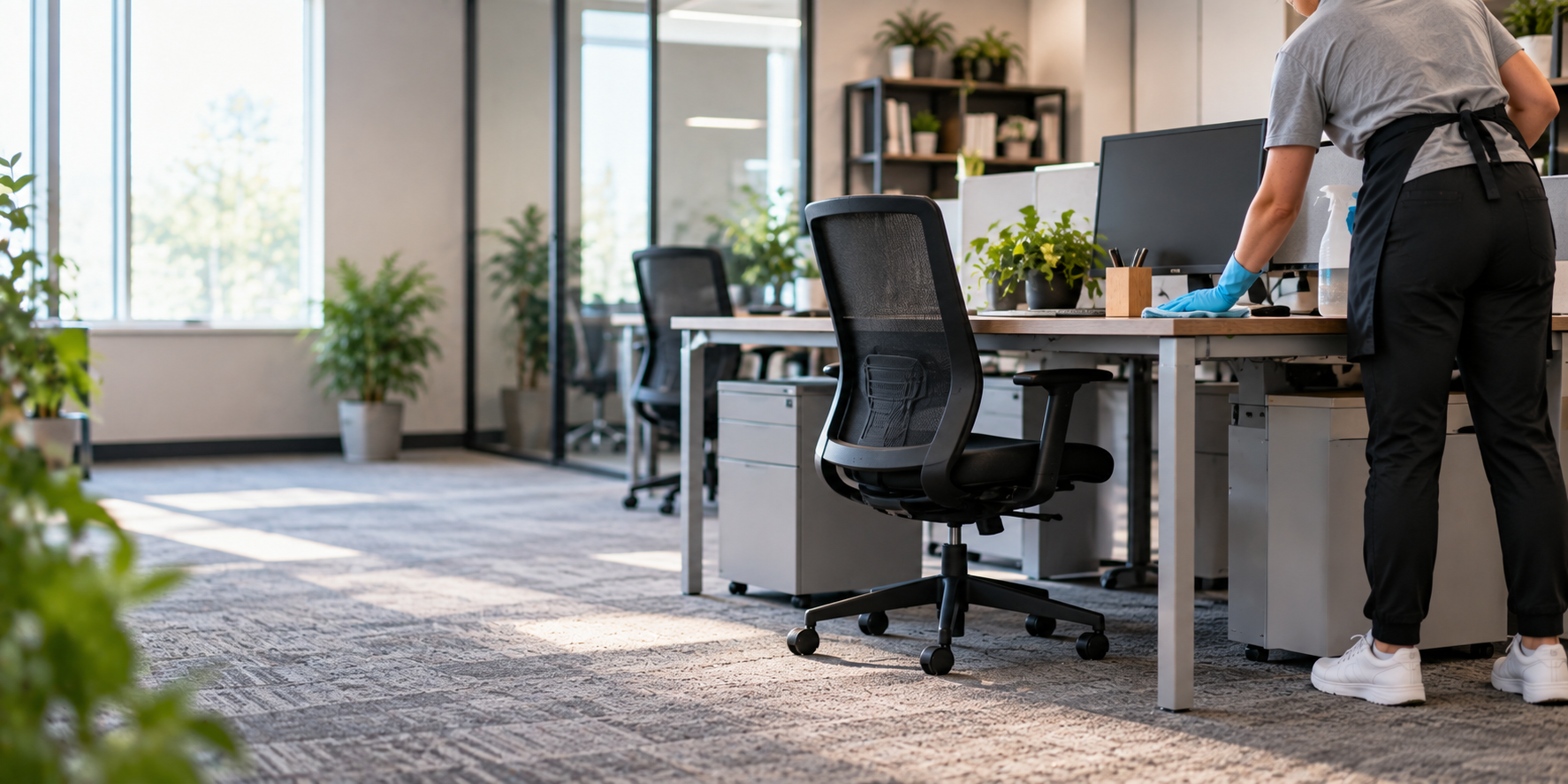 Professional office cleaning team in a workspace